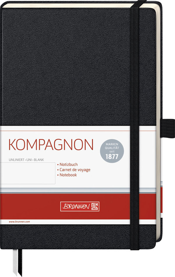 Brunnen Notizbuch 12,5x19,5cm Kompagnon schwarz Stiftschlaufe Gummizug Hardcover blanko