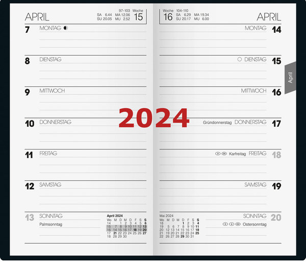 Brunnen Kalender 2024 Taschenkalender 2024 schwarz 9x15cm Modell 758 1Wo=1Seite