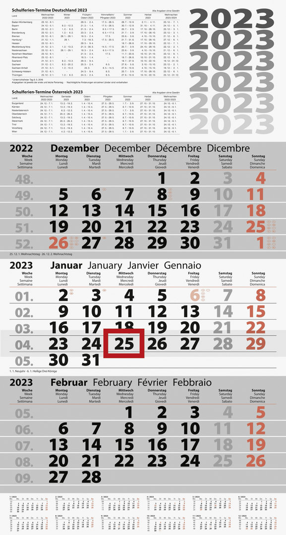 Brunnen 3-Monatskalender 2023 Wandkalender grau weiß 30x58cm 1070210803